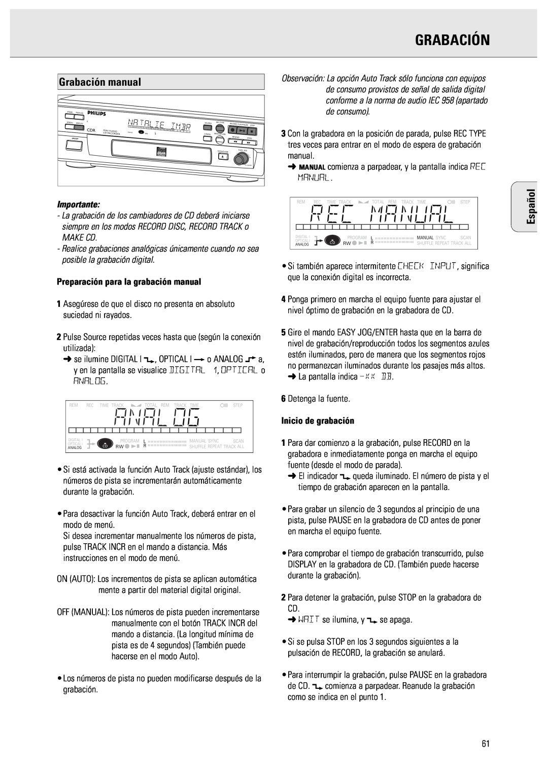 Philips CDR570 Grabación manual, Español, Make Cd, Preparación para la grabación manual, Inicio de grabación 