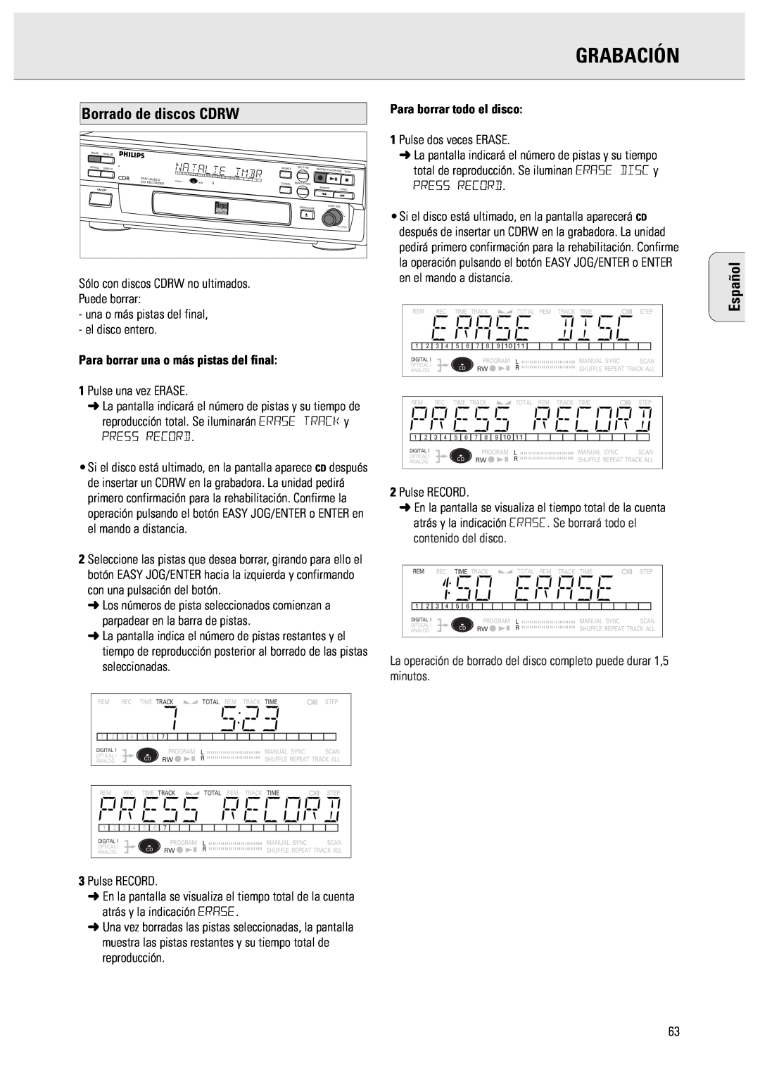 Philips CDR570 manual Grabación, Borrado de discos CDRW, Español, Para borrar una o más pistas del final 