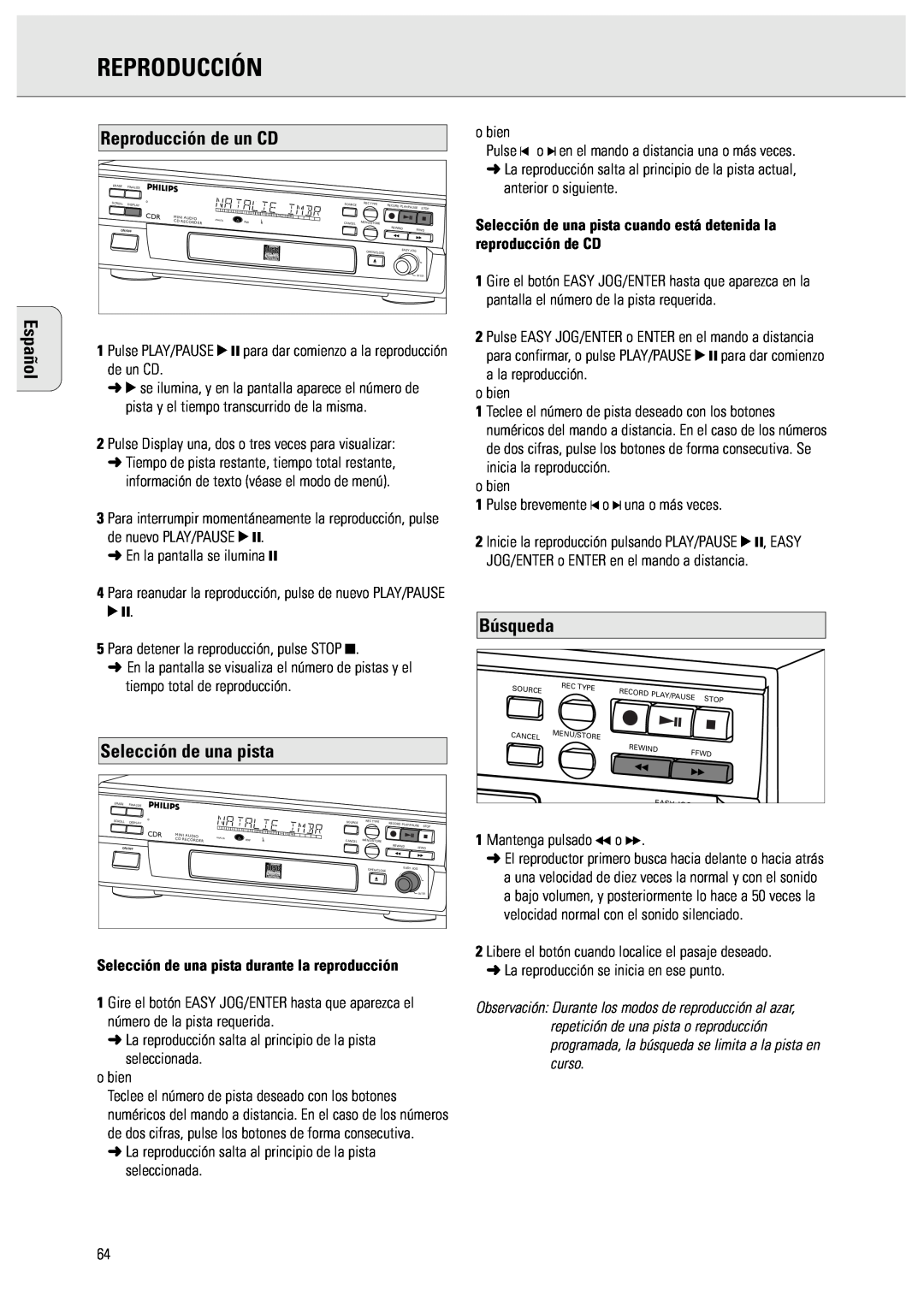 Philips CDR570 manual Español, Reproducción de un CD, Selección de una pista, Búsqueda 