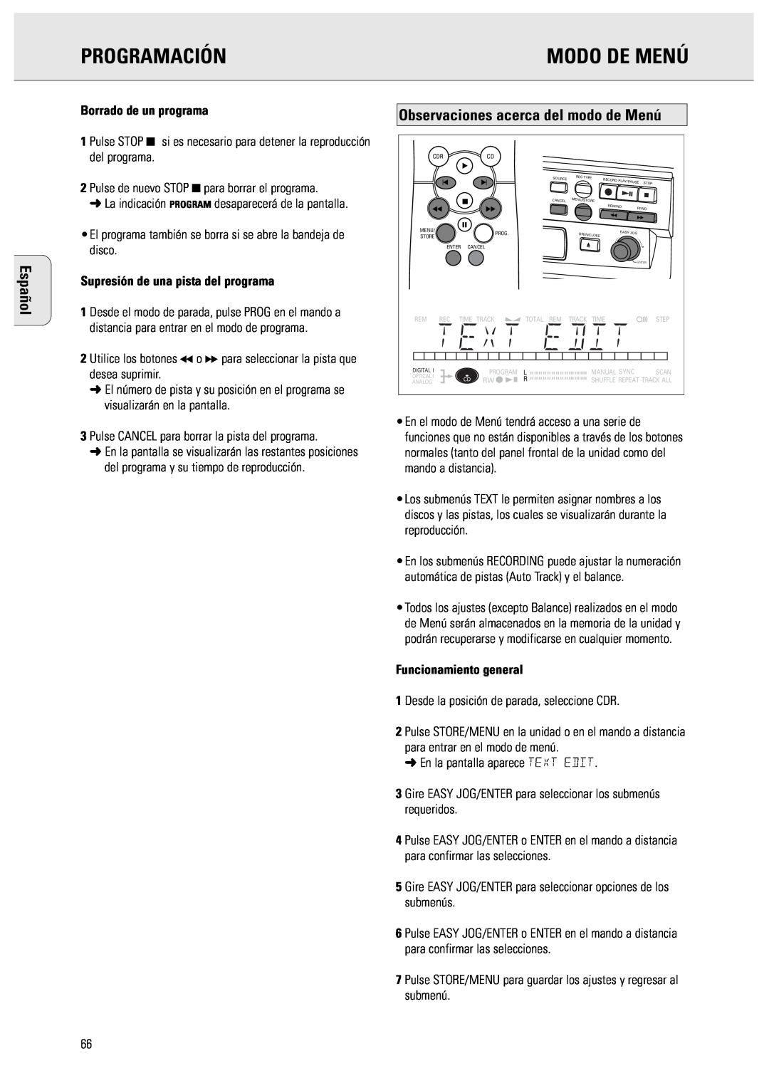 Philips CDR570 manual Programación, Modo De Menú, Español, Observaciones acerca del modo de Menú 