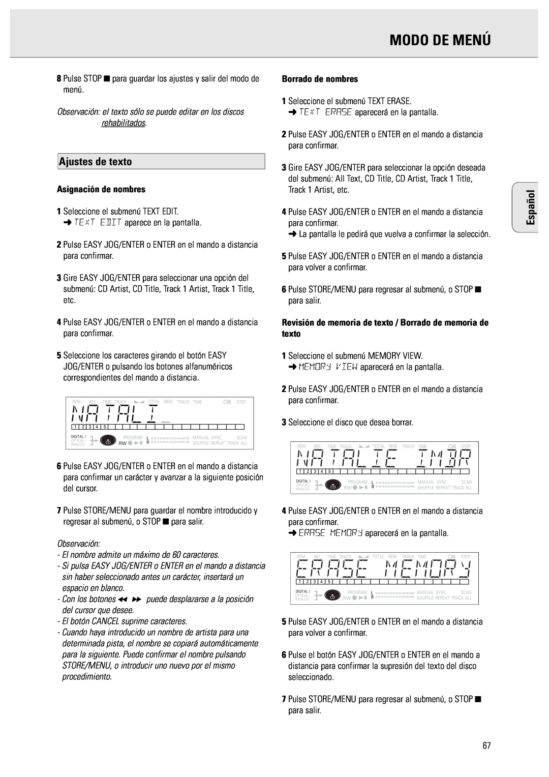 Philips CDR570 manual Modo De Menú, Ajustes de texto, Español, Observación, El nombre admite un máximo de 60 caracteres 