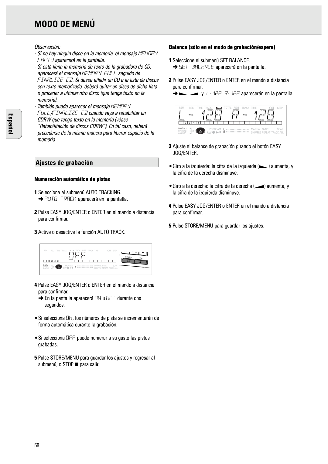 Philips CDR570 manual Modo De Menú, Español, Ajustes de grabación, Observación, Numeración automática de pistas 