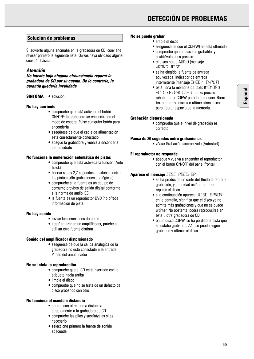 Philips CDR570 manual Detección De Problemas, Solución de problemas, Atención, Español 