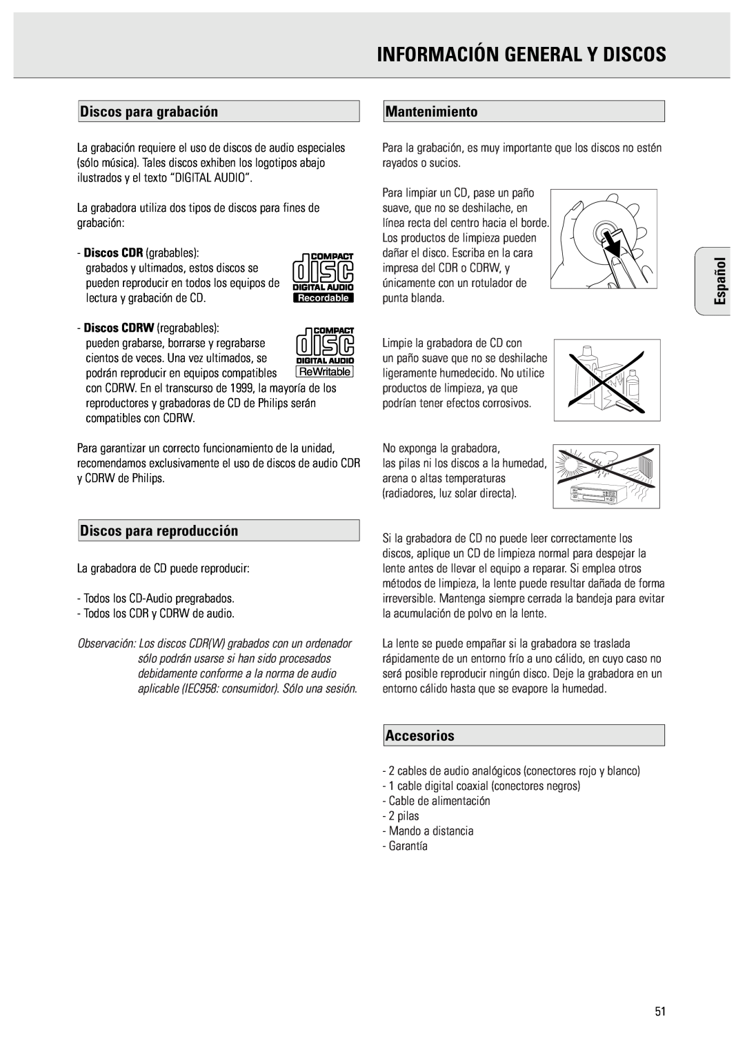 Philips CDR570 manual Información General Y Discos, Discos para grabación, Discos para reproducción, Mantenimiento, Español 