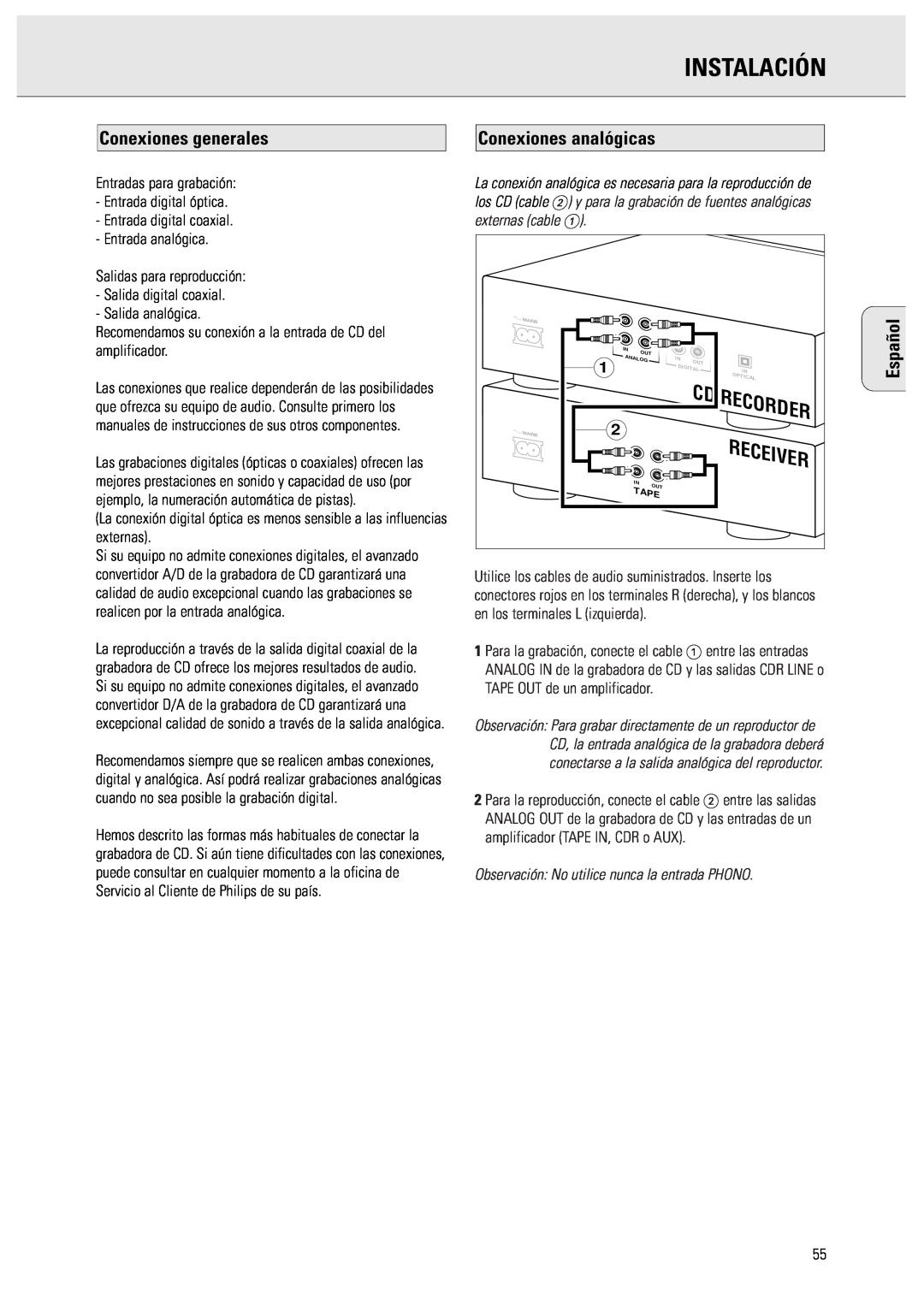 Philips CDR570 manual Instalación, Conexiones generales, Conexiones analógicas, Español, Receiver, Recorder 