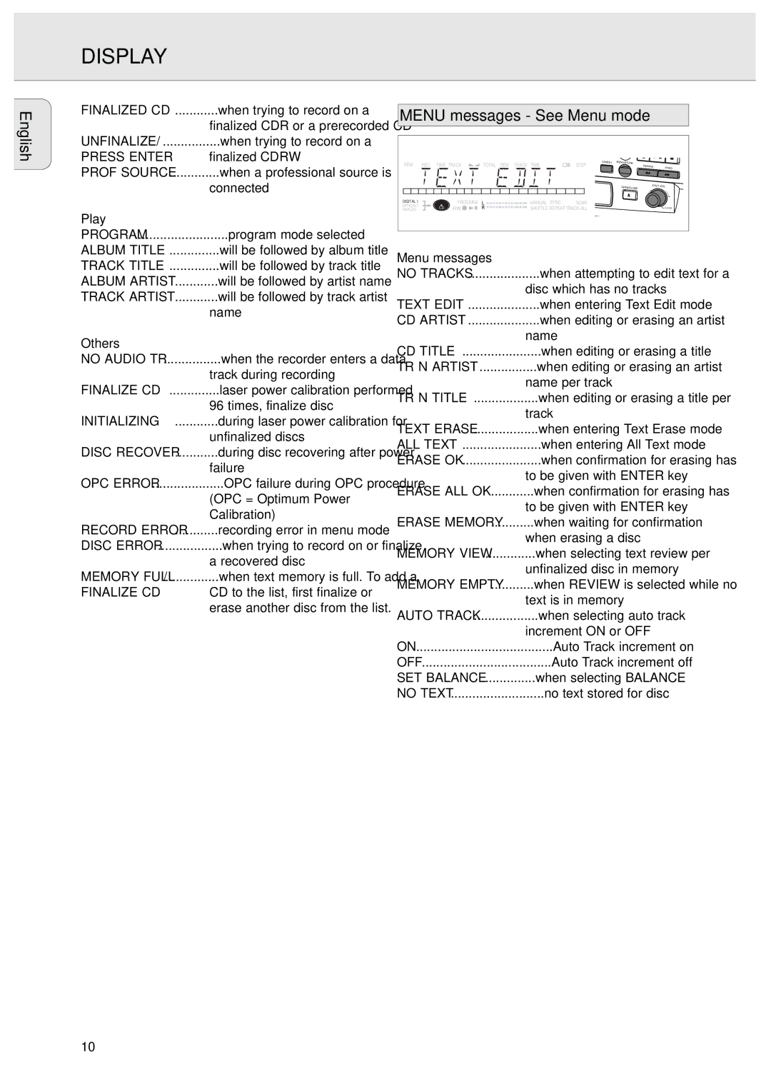 Philips CDR570/00 manual Menu messages See Menu mode, Finalized CD 