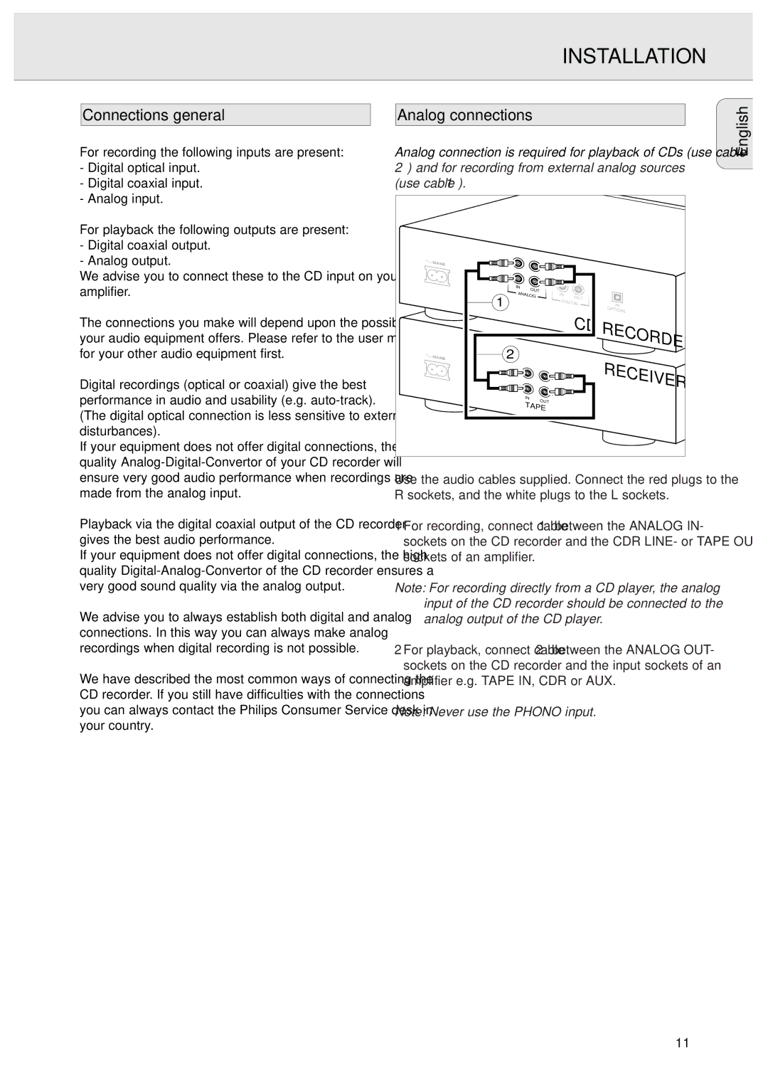 Philips CDR570/00 manual Installation, Connections general, Analog connections 