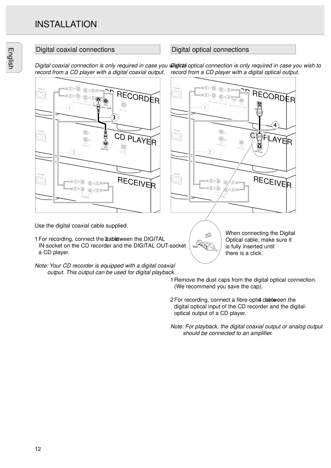 Philips CDR570/00 manual Digital coaxial connections Digital optical connections 