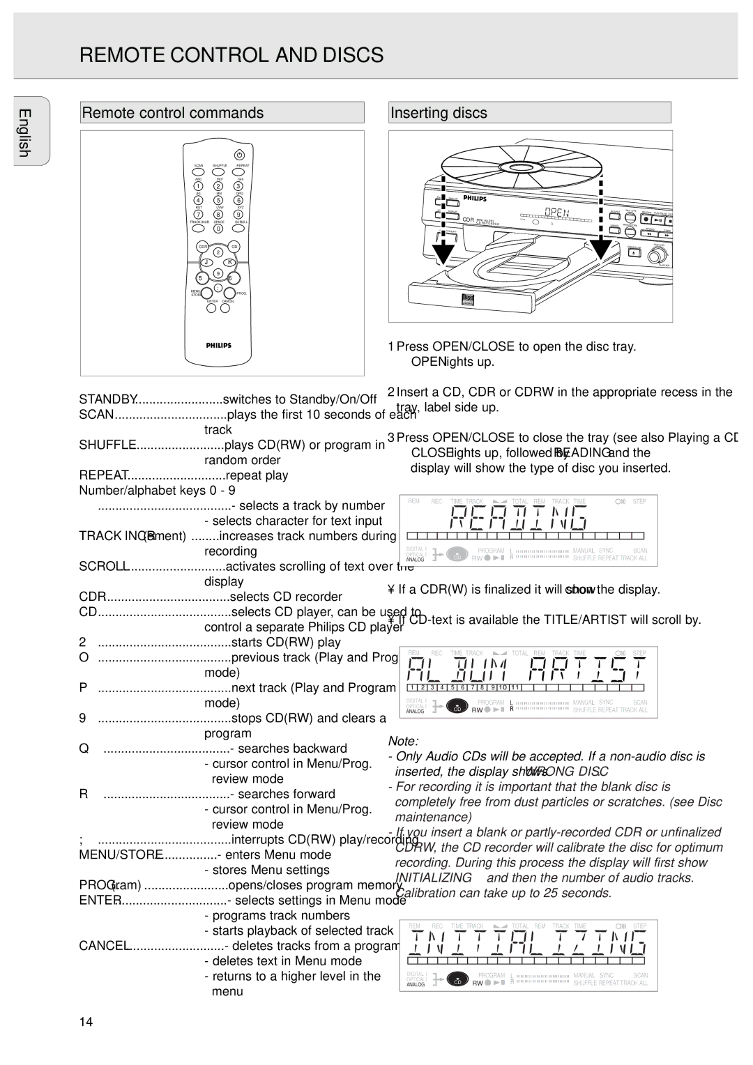 Philips CDR570/00 manual Remote Control and Discs, English Remote control commands, Inserting discs, Number/alphabet keys 0 