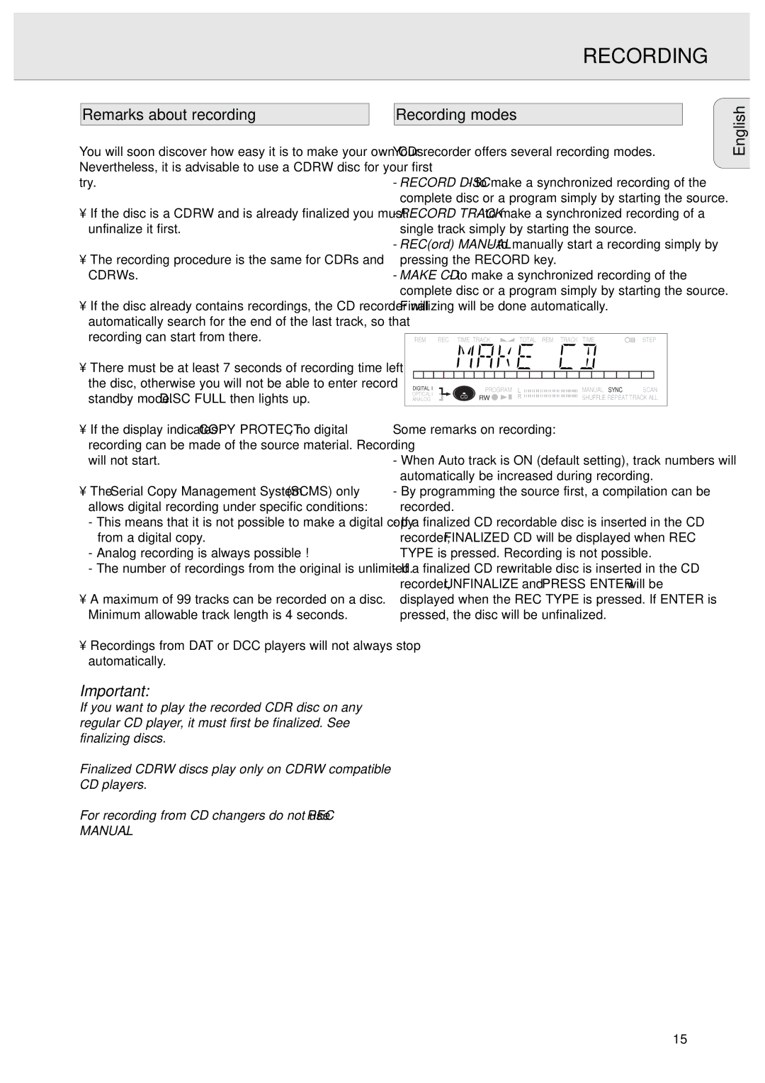 Philips CDR570/00 manual Remarks about recording Recording modes English, Some remarks on recording 