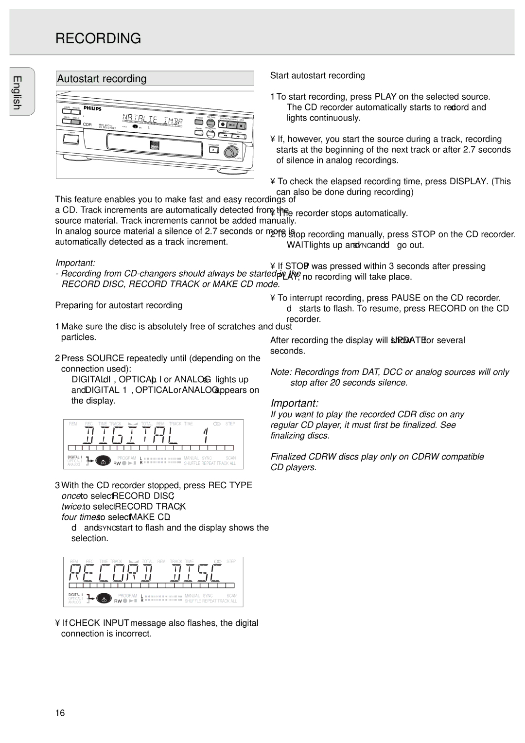 Philips CDR570/00 manual English Autostart recording, Preparing for autostart recording, Start autostart recording 