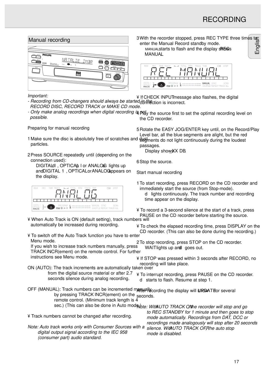 Philips CDR570/00 Manual recording, Preparing for manual recording, Start manual recording 