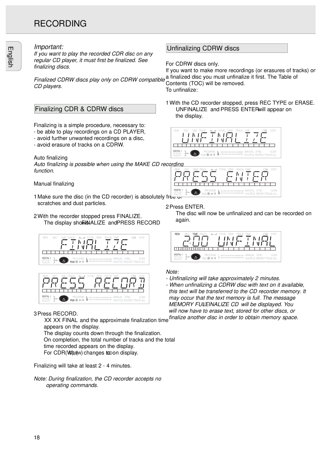 Philips CDR570/00 manual Finalizing CDR & Cdrw discs, Unfinalizing Cdrw discs, Auto finalizing, Manual finalizing 