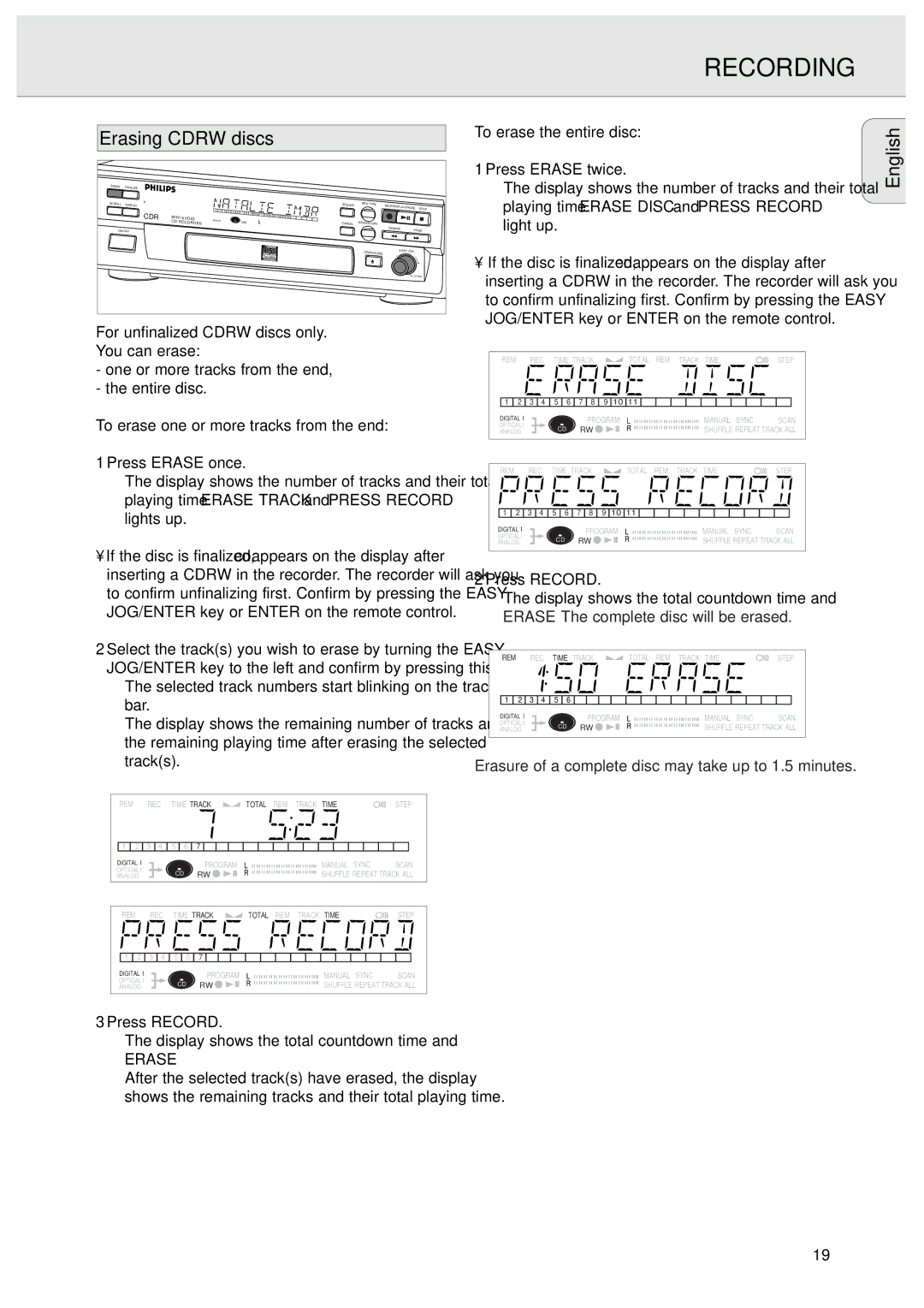 Philips CDR570/00 manual Erasing Cdrw discs, To erase one or more tracks from the end, To erase the entire disc 