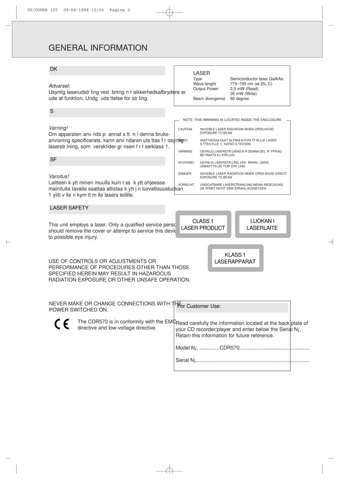 Philips CDR570/00 manual General Information 