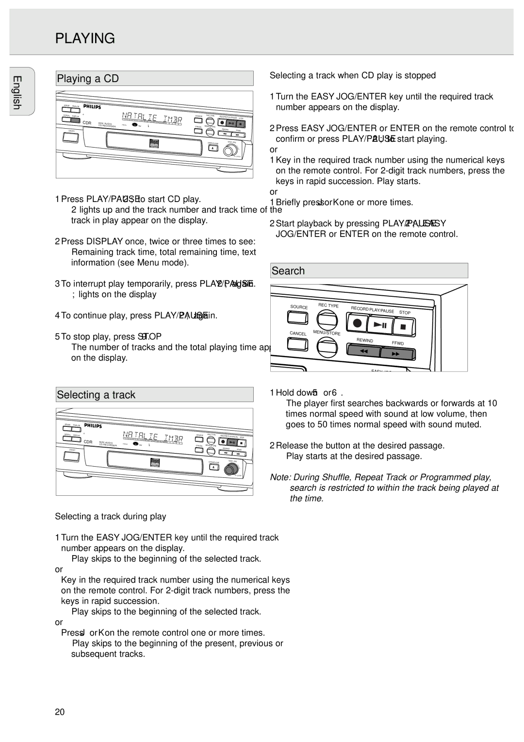 Philips CDR570/00 manual Playing a CD, Search, Selecting a track 