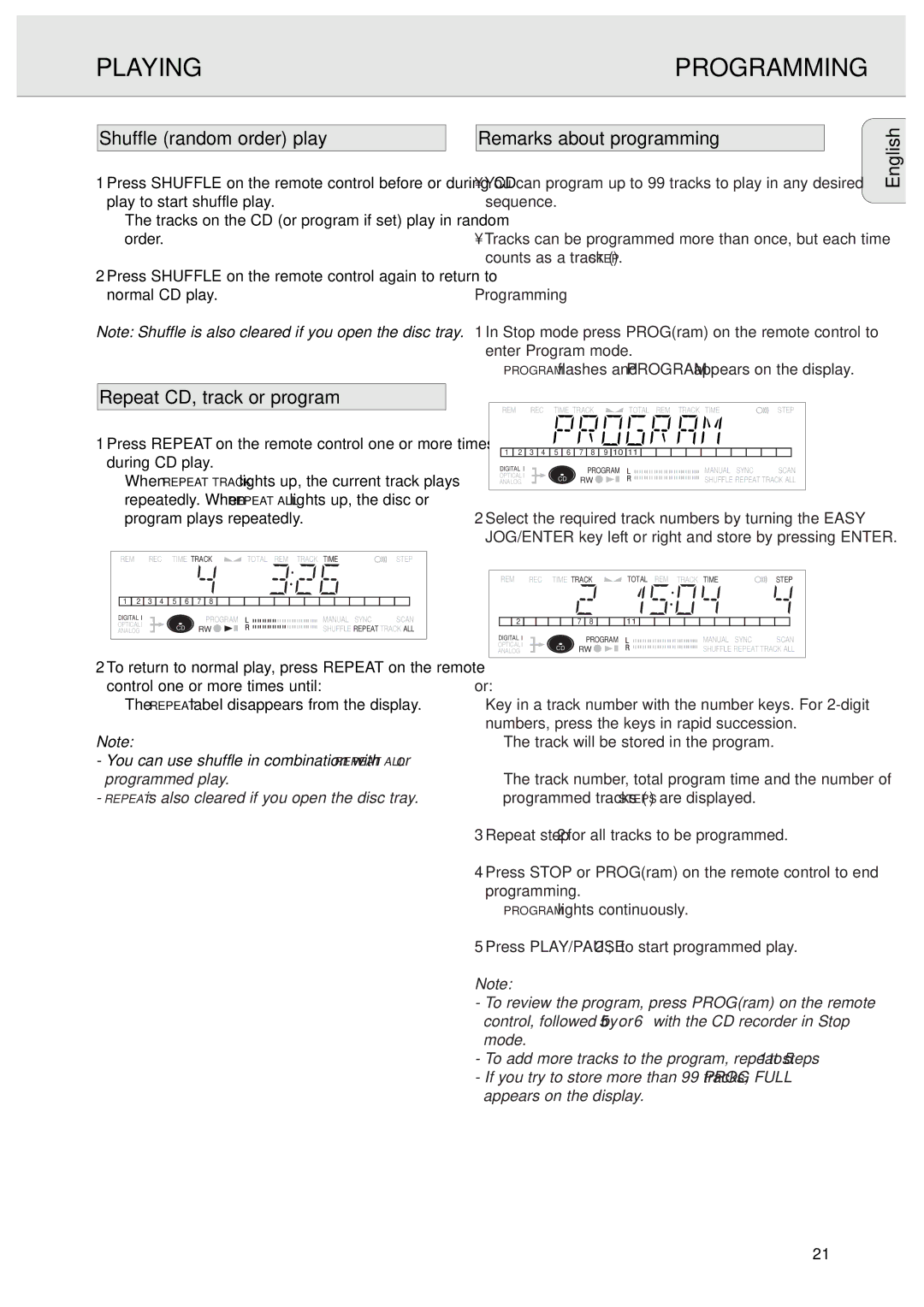 Philips CDR570/00 Shuffle random order play Remarks about programming English, Repeat CD, track or program, Programming 