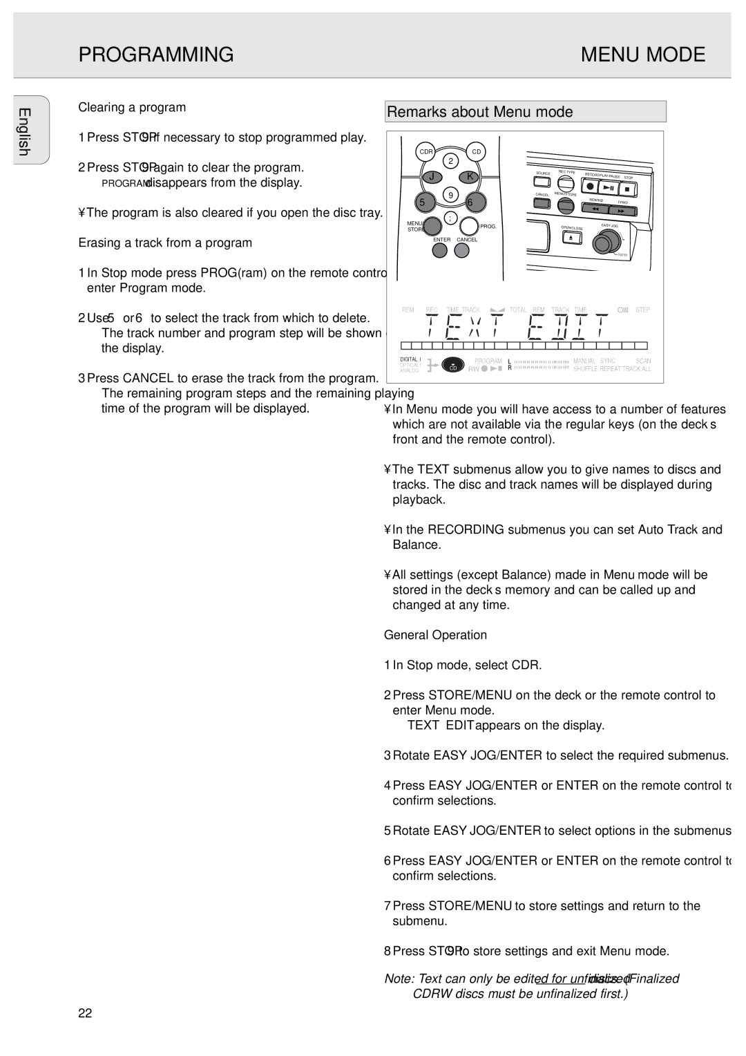 Philips CDR570/00 manual Programming, Remarks about Menu mode, Clearing a program, Erasing a track from a program 