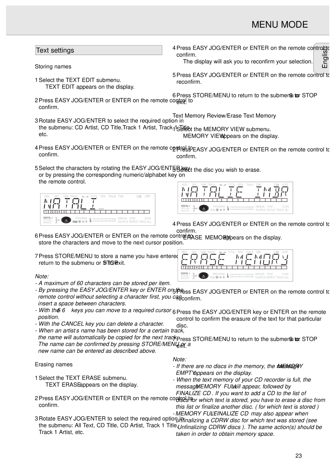 Philips CDR570/00 manual Menu Mode, Text settings, Storing names, Erasing names, Text Memory Review/Erase Text Memory 