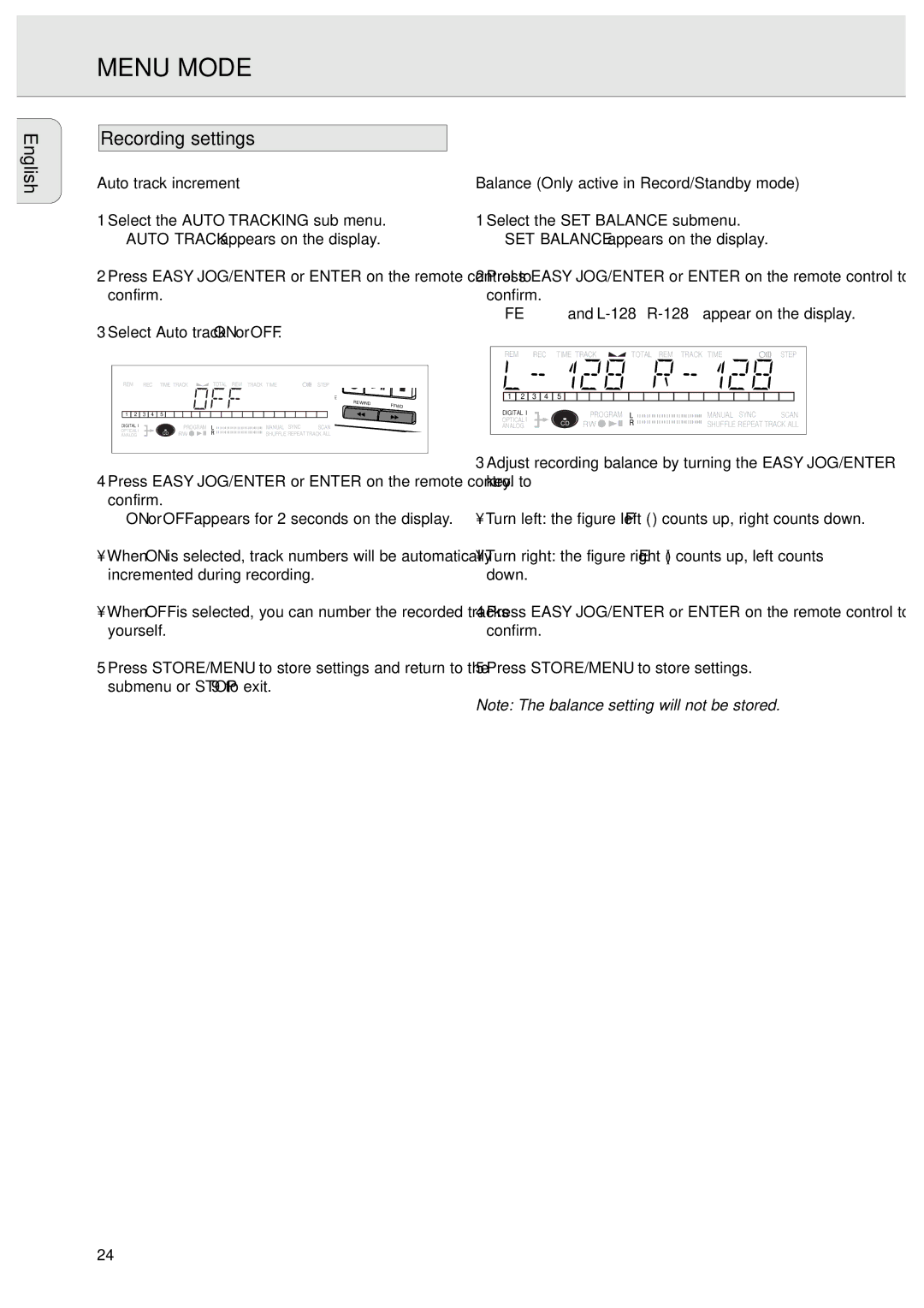 Philips CDR570/00 manual English Recording settings, Auto track increment, Balance Only active in Record/Standby mode 