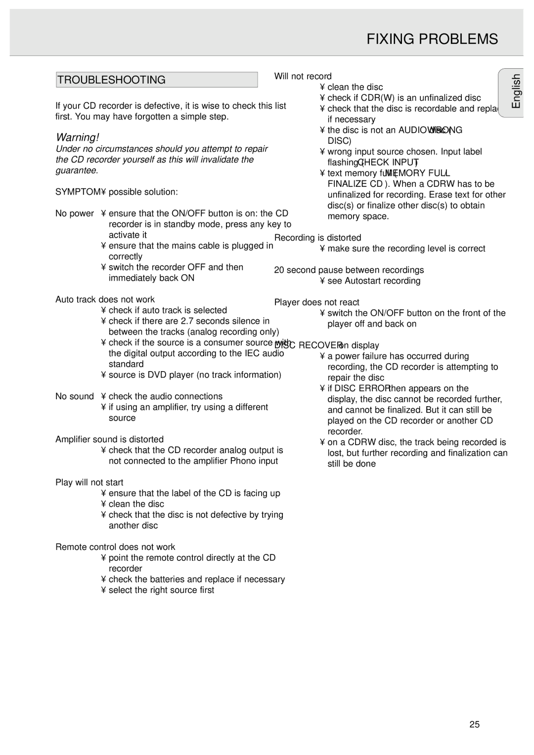 Philips CDR570/00 manual Fixing Problems 