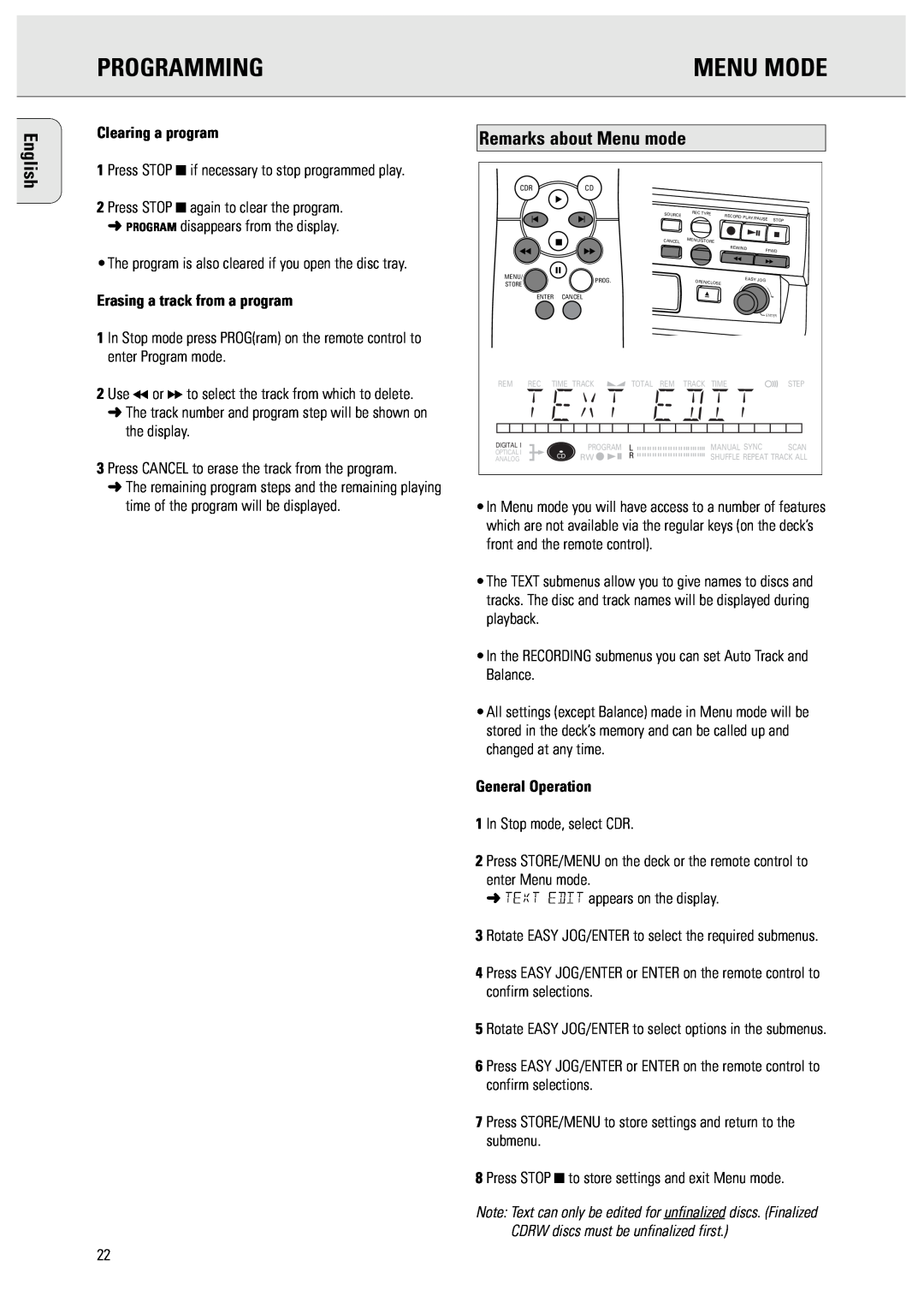Philips CDR570/00 manual Programming, Menu Mode, English, Remarks about Menu mode 