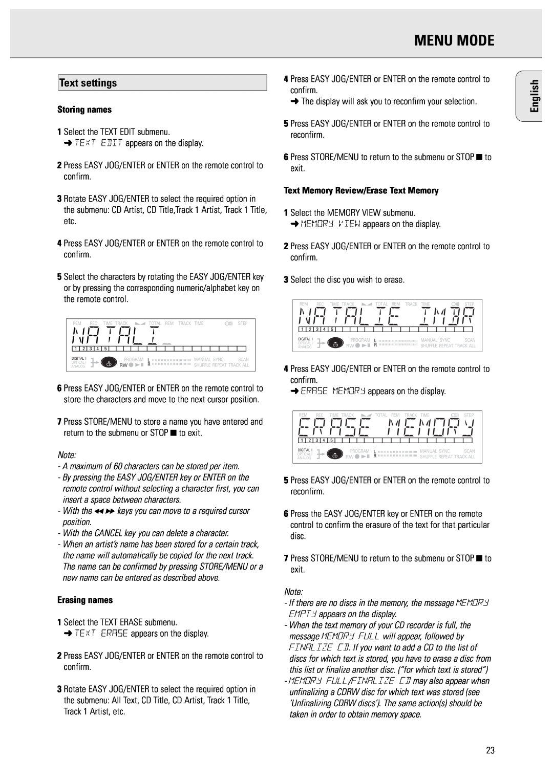 Philips CDR570/00 manual Menu Mode, Text settings, English 