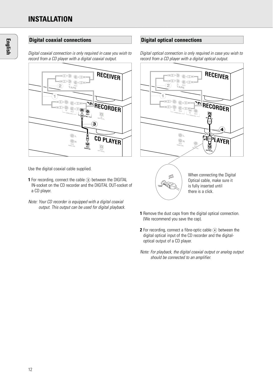 Philips CDR771, CDR770 manual Digital coaxial connections Digital optical connections 