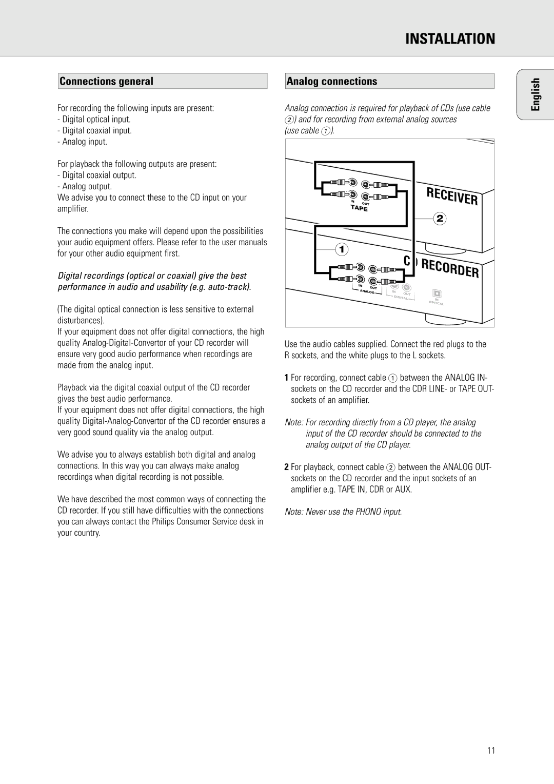 Philips CDR770, CDR771 manual Installation, Connections general, Analog connections 