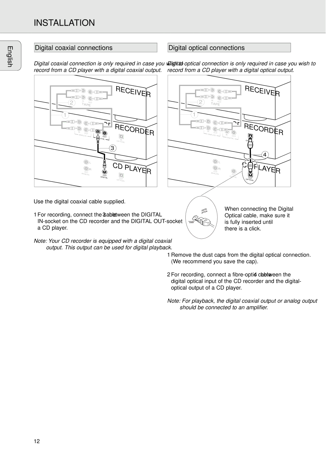 Philips CDR771, CDR770 manual Digital coaxial connections Digital optical connections 