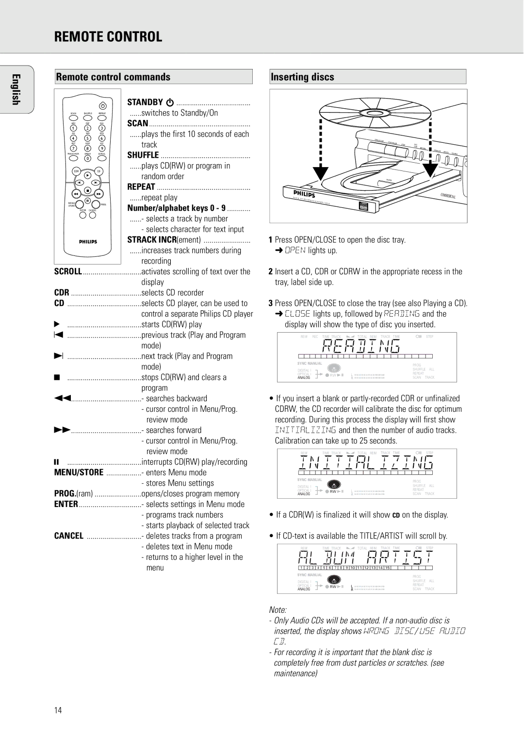 Philips CDR771, CDR770 manual Remote Control, English Remote control commands, Inserting discs, Cdr 