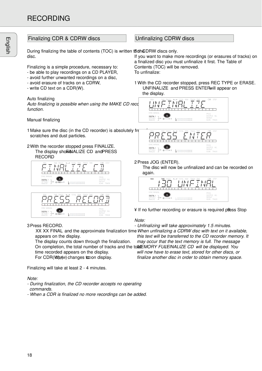 Philips CDR771, CDR770 manual Finalizing CDR & Cdrw discs, Unfinalizing Cdrw discs, Auto finalizing, Manual finalizing 