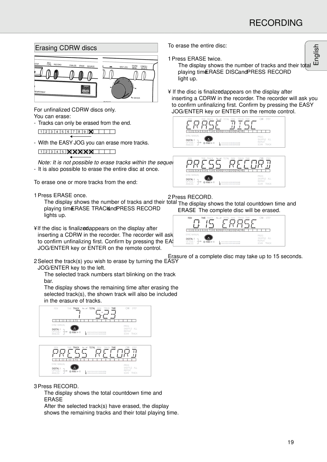 Philips CDR770, CDR771 manual Erasing Cdrw discs, To erase one or more tracks from the end, To erase the entire disc 