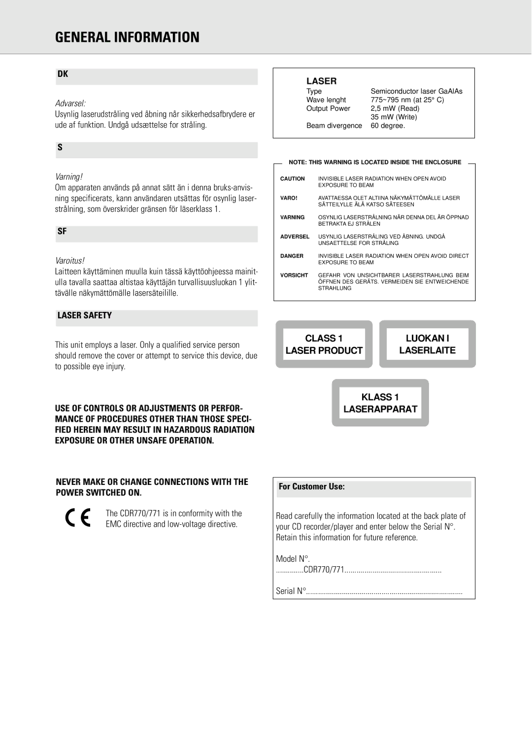 Philips CDR771, CDR770 manual General Information, Laser Safety, Never Make or Change Connections with the Power Switched on 