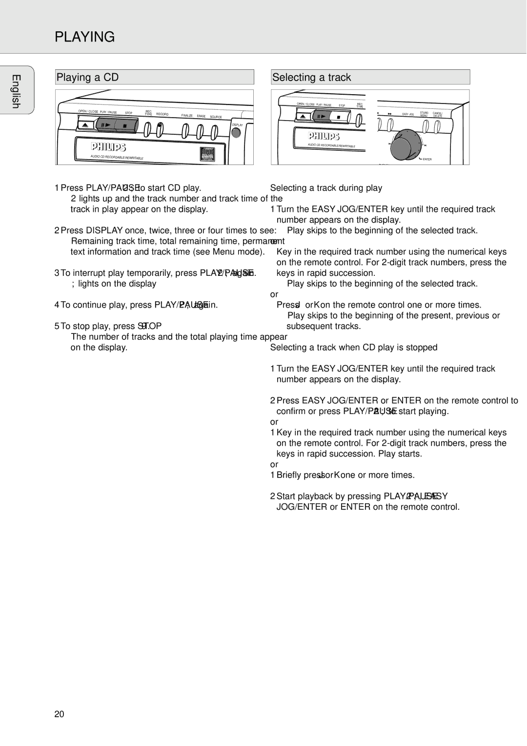 Philips CDR771, CDR770 manual Playing a CD, Selecting a track during play, Selecting a track when CD play is stopped 