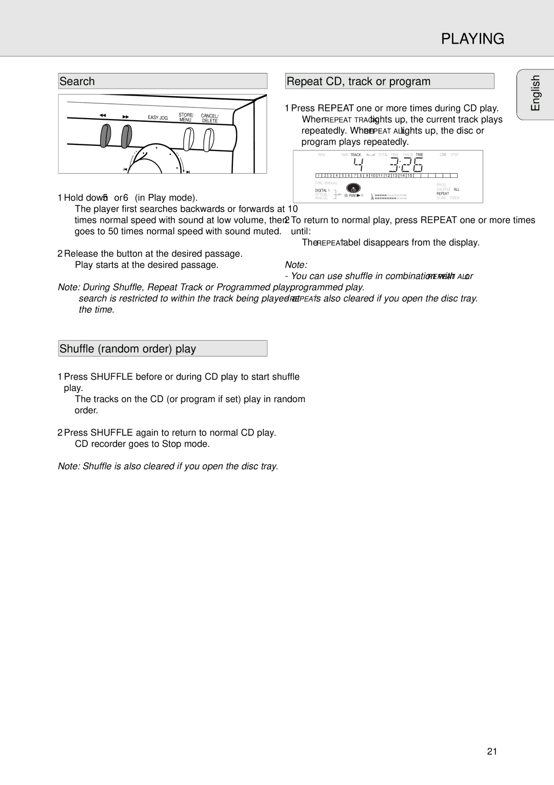 Philips CDR770, CDR771 manual Search, Shuffle random order play, Repeat CD, track or program, Hold down 5 or 6 in Play mode 
