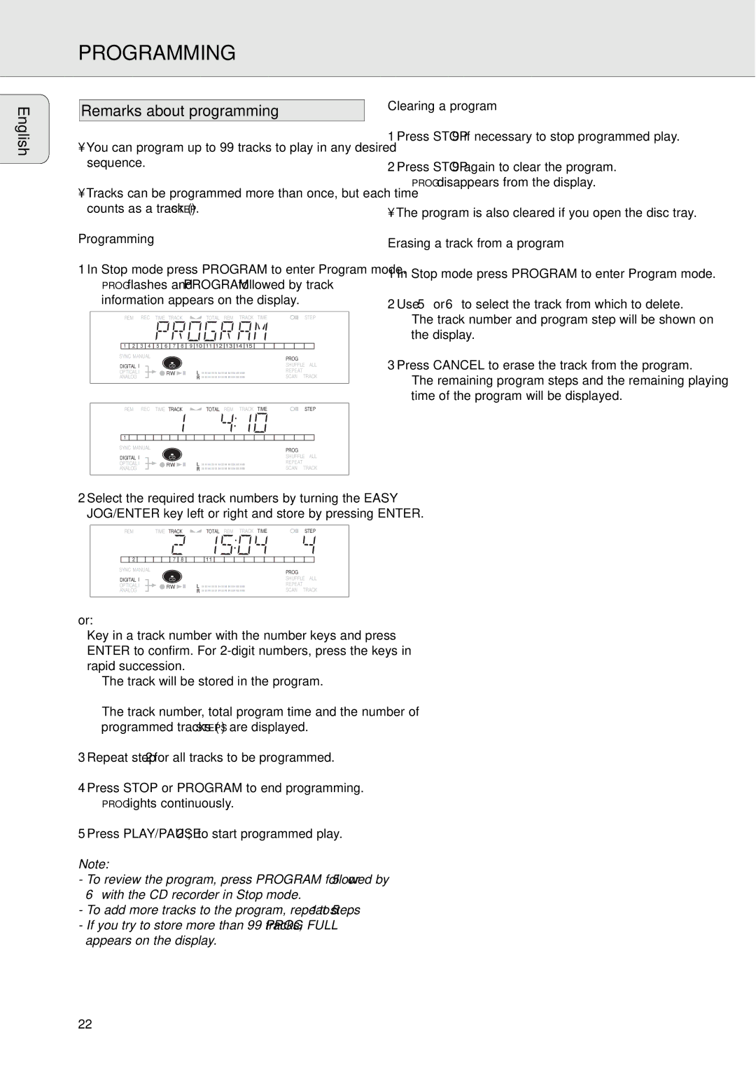 Philips CDR771, CDR770 manual Programming, Remarks about programming, Clearing a program, Erasing a track from a program 