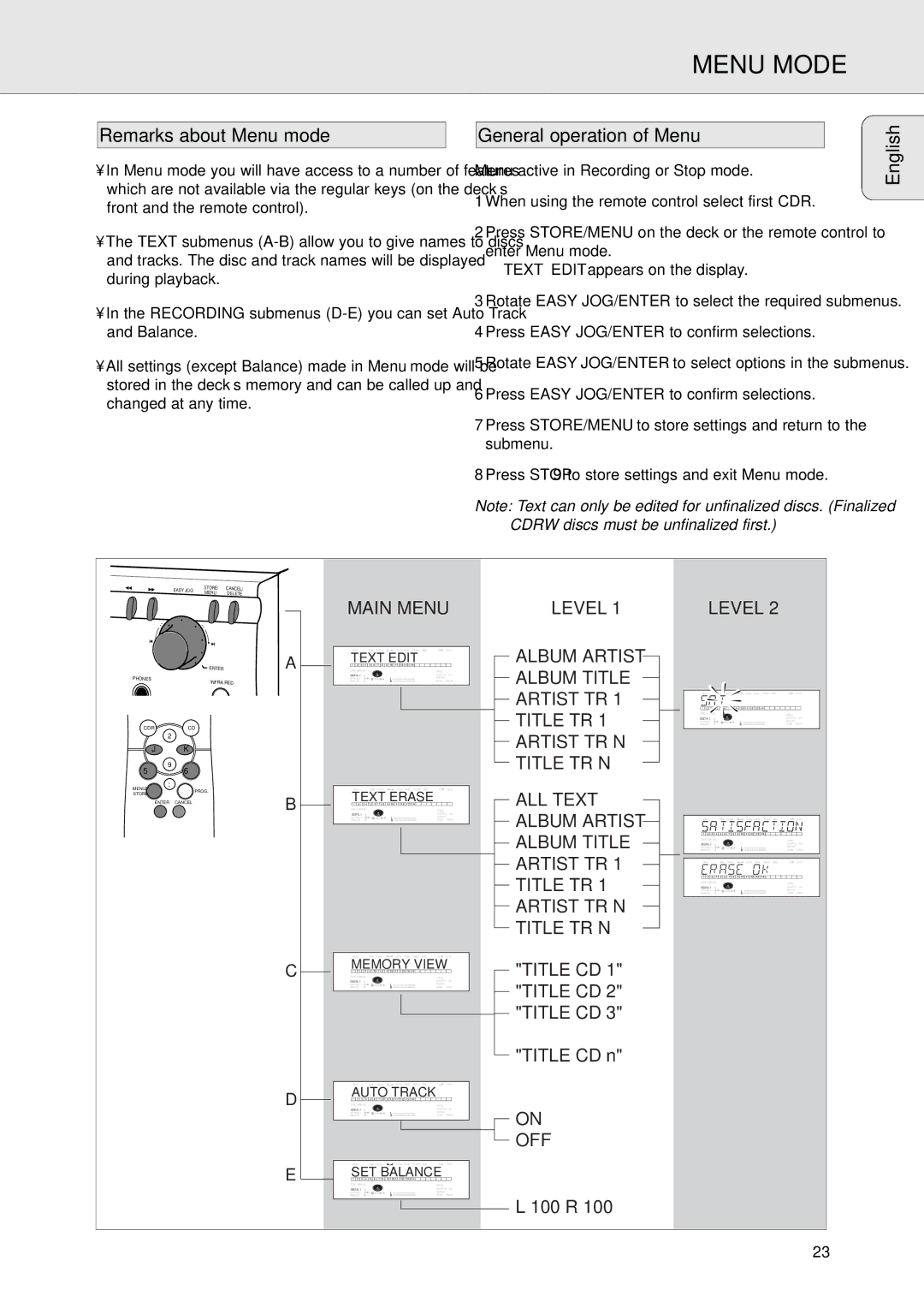 Philips CDR770, CDR771 manual Menu Mode, Remarks about Menu mode General operation of Menu English 