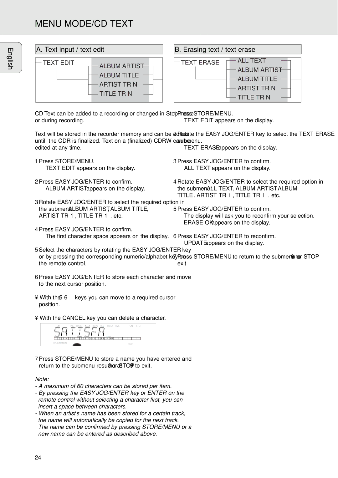 Philips CDR771, CDR770 manual Menu MODE/CD Text, Text input / text edit, Erasing text / text erase 