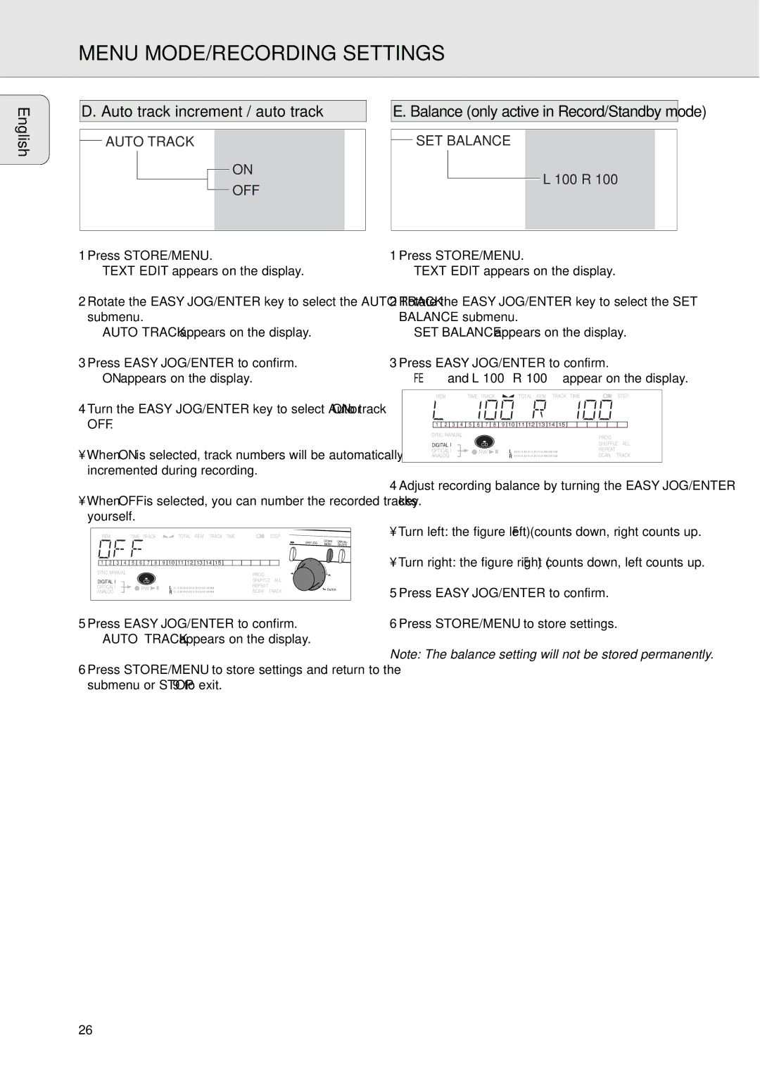 Philips CDR771, CDR770 manual Menu MODE/RECORDING Settings, English Auto track increment / auto track 