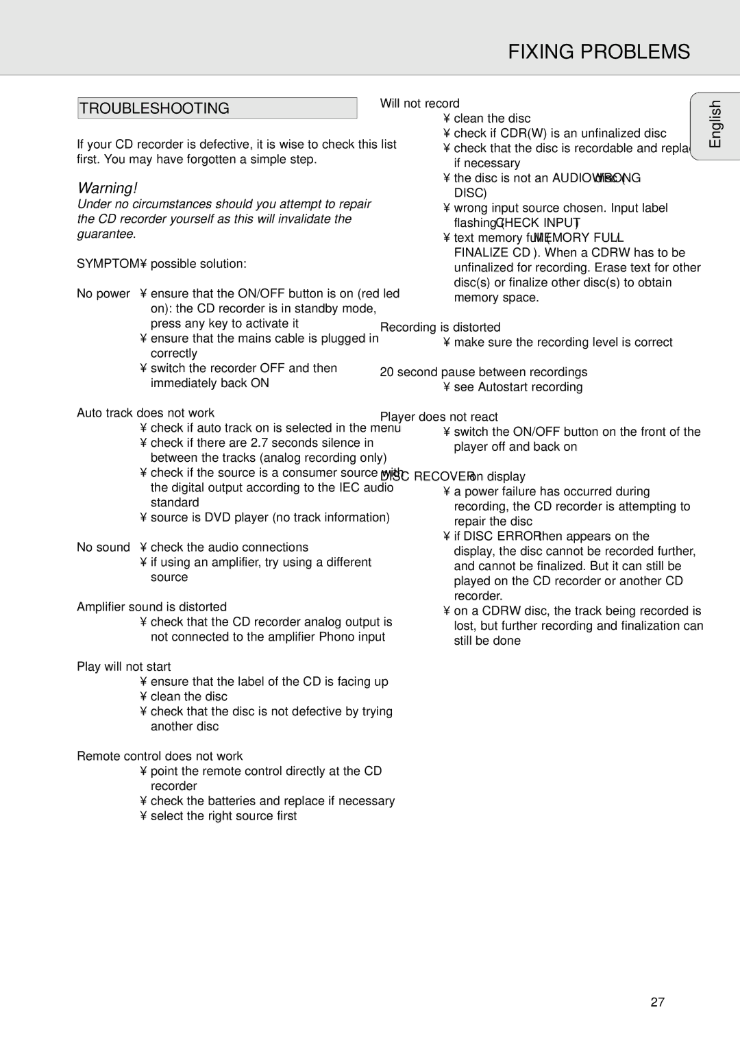 Philips CDR770, CDR771 manual Fixing Problems 