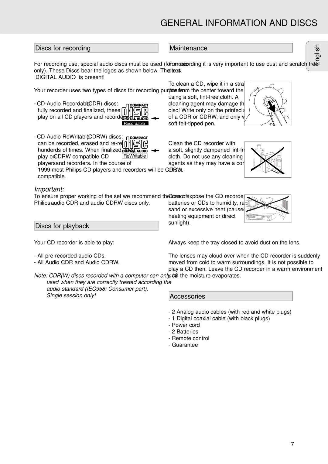 Philips CDR770 General Information and Discs, Discs for recording Maintenance English, Discs for playback, Accessories 