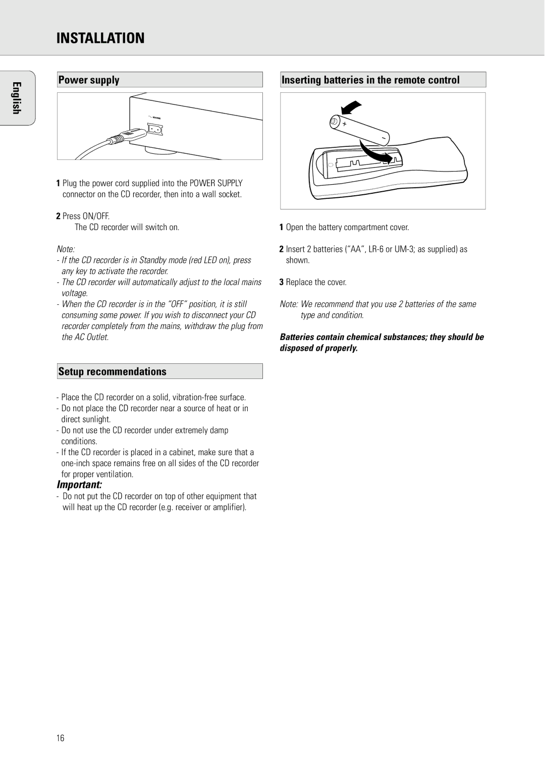 Philips CDR775 S manual Power supply Inserting batteries in the remote control, Setup recommendations 