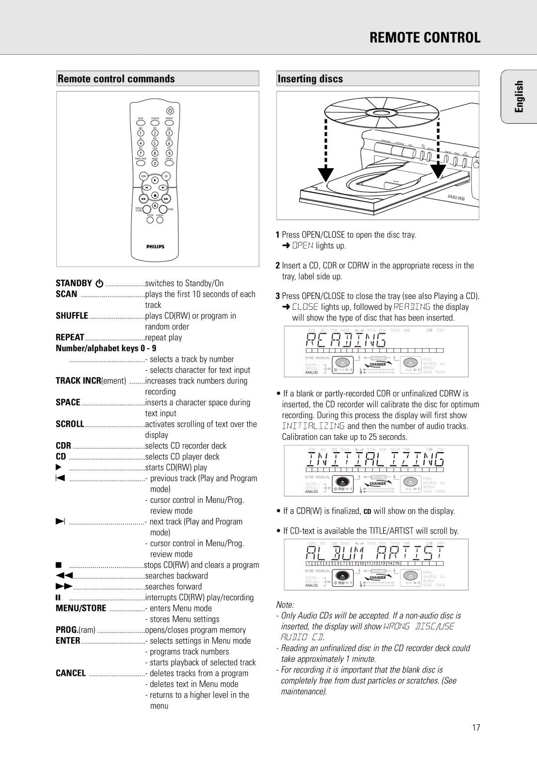 Philips CDR775 S manual Remote Control, Remote control commands, Inserting discs, Number/alphabet keys 0, Track INCRement 