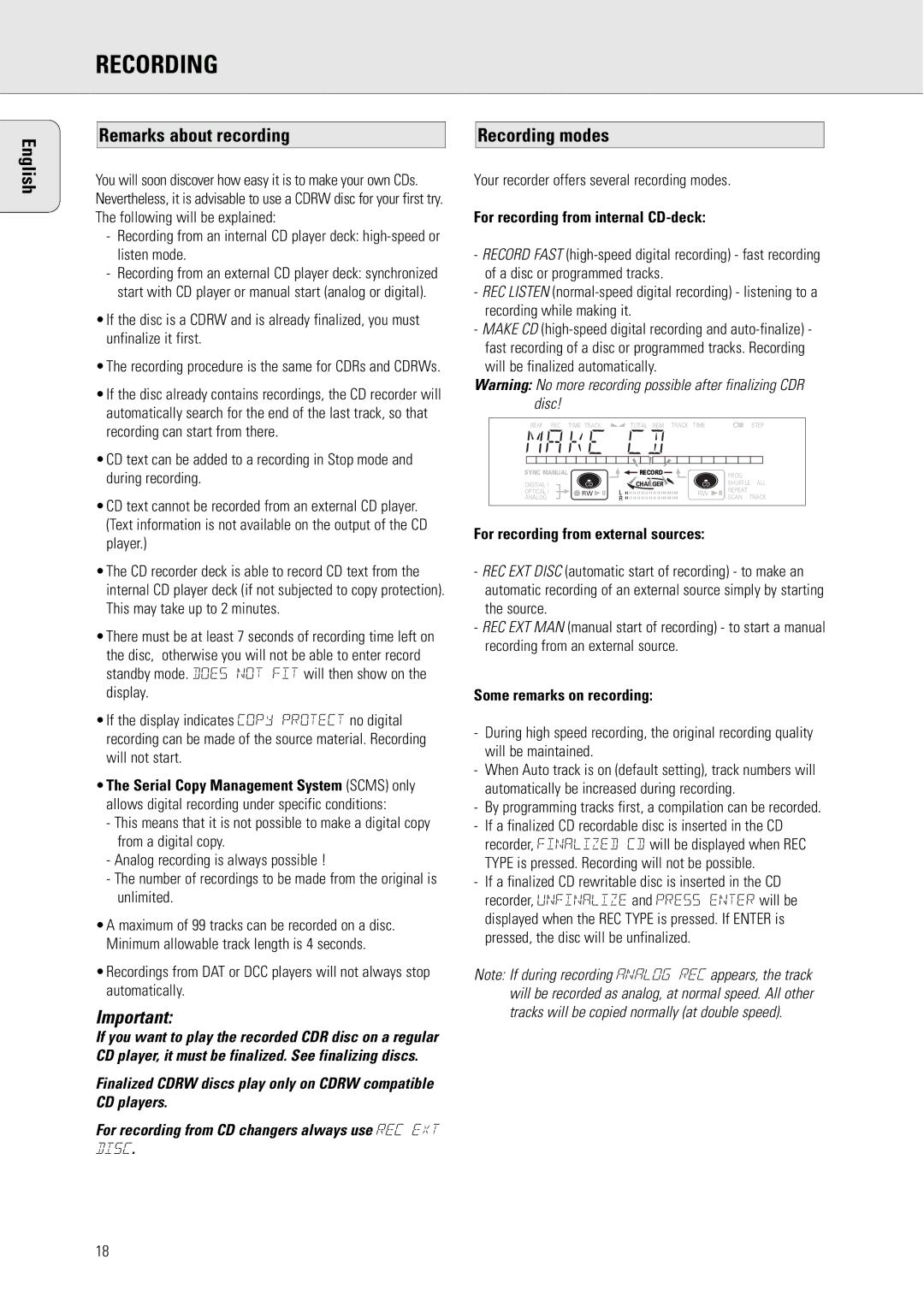 Philips CDR775 S manual Remarks about recording Recording modes, For recording from internal CD-deck 