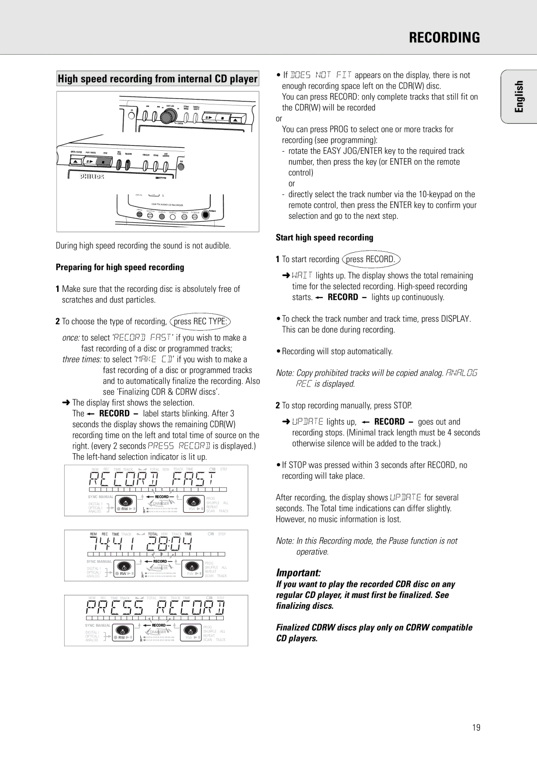 Philips CDR775 S manual Preparing for high speed recording, Start high speed recording 