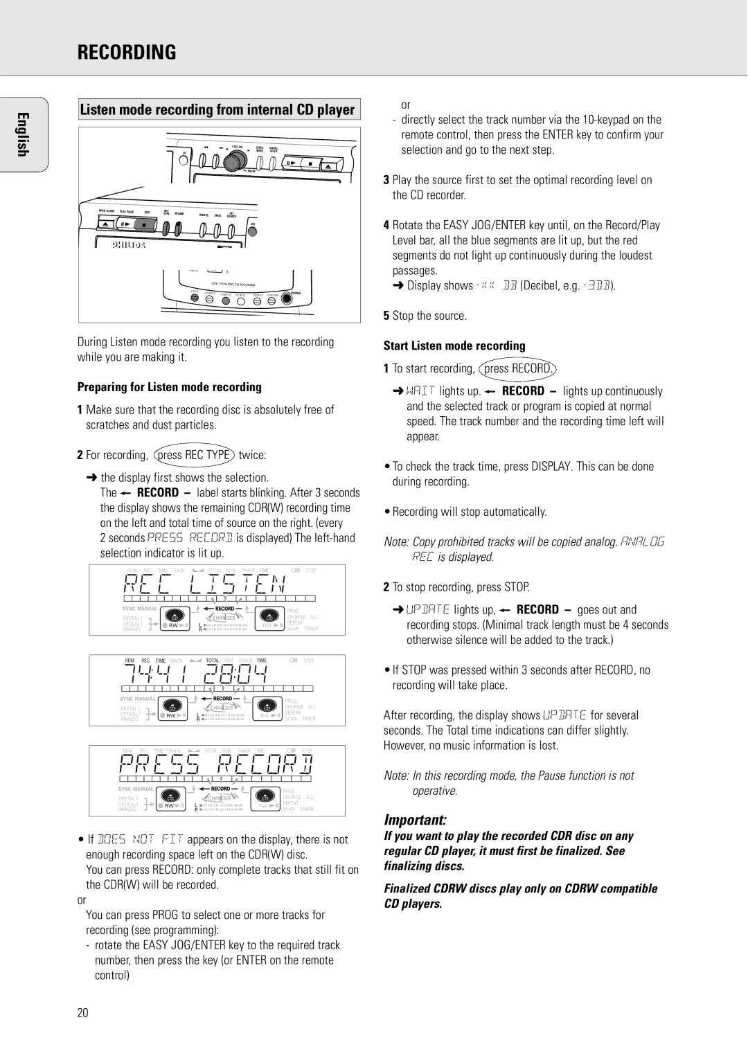 Philips CDR775 S manual Listen mode recording from internal CD player, Preparing for Listen mode recording 