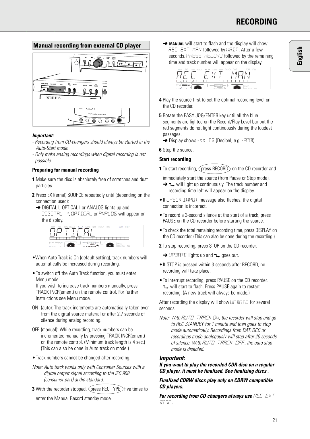 Philips CDR775 S Manual recording from external CD player, Preparing for manual recording, Stop the source 