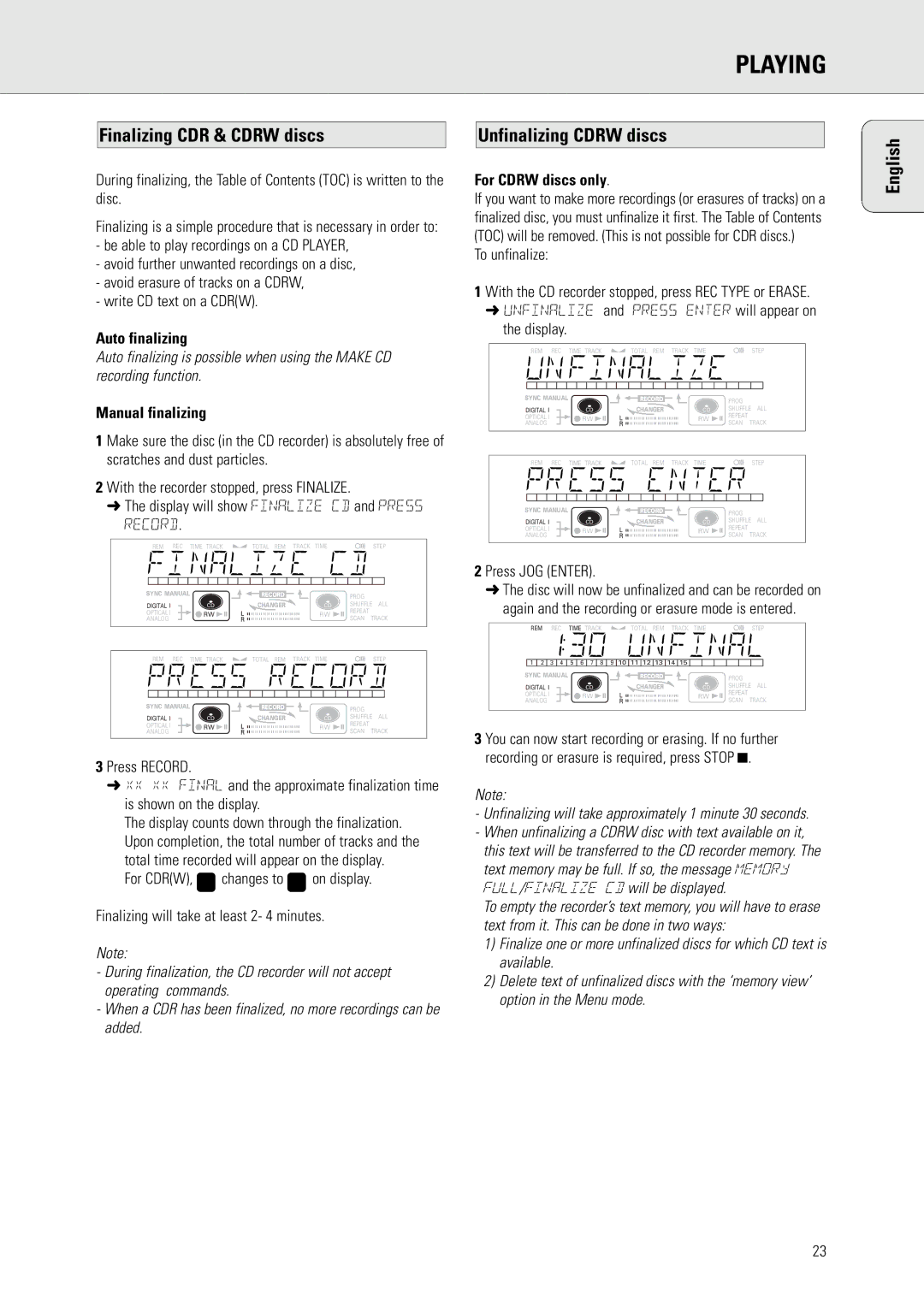 Philips CDR775 S manual Playing, Finalizing CDR & Cdrw discs, Unfinalizing Cdrw discs 