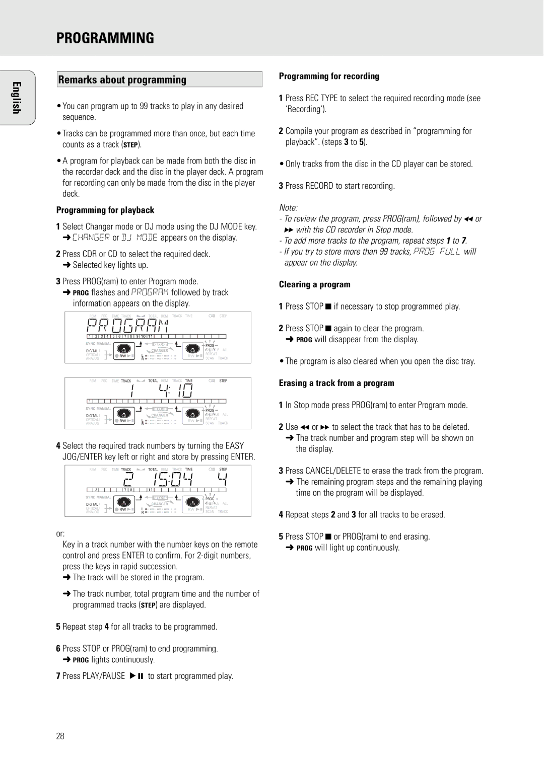 Philips CDR775 S manual Remarks about programming, Programming for playback, Clearing a program 